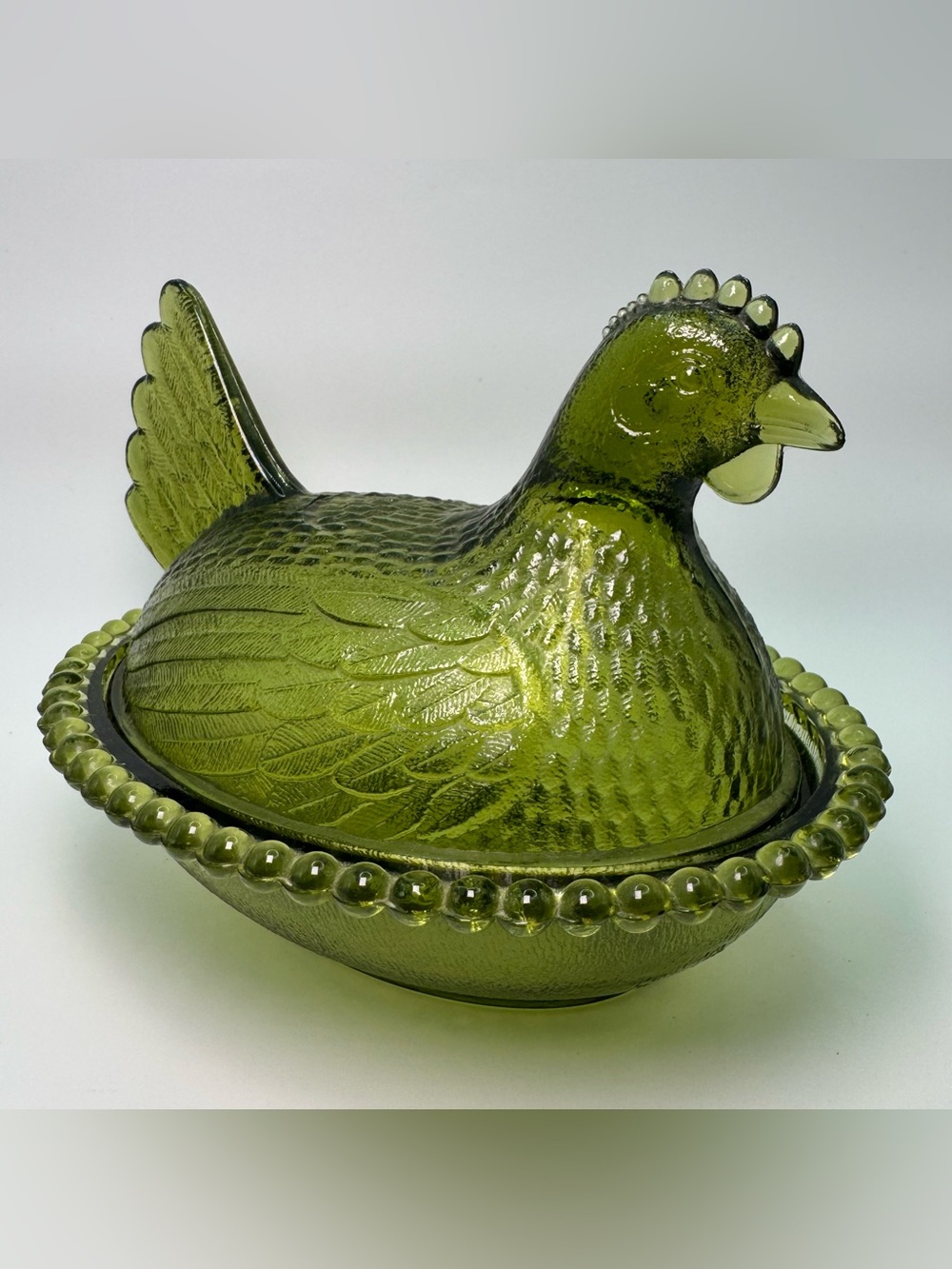Vintage Indiana Glass Olive Green Hen on Nest Beaded Rim Covered Dish USA